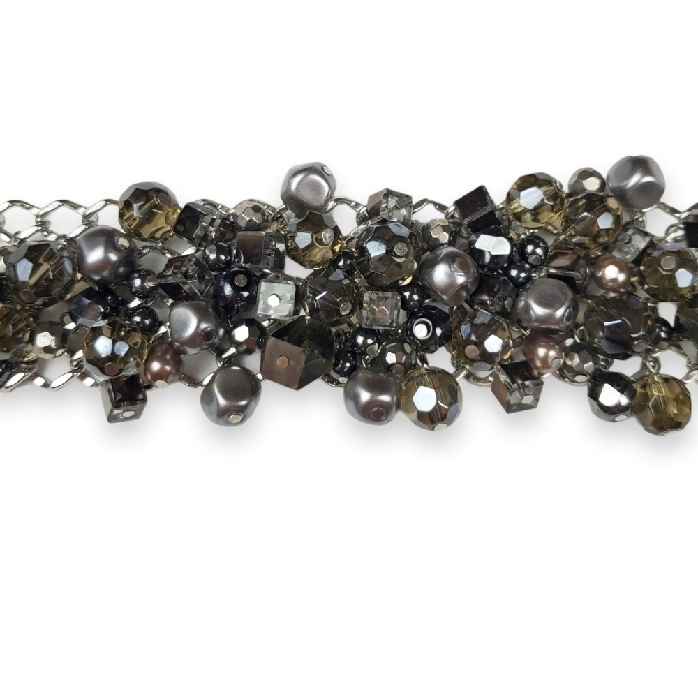 Bead Charm Chain Bracelet Wide Silver Tone Gray Taupe Vintage Premier Designs